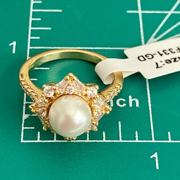 Art Deco Cubic Zirconia White Pearl Cocktail Ring Yellow Gold Plated Size 7 8 9 - Picture 12 of 15